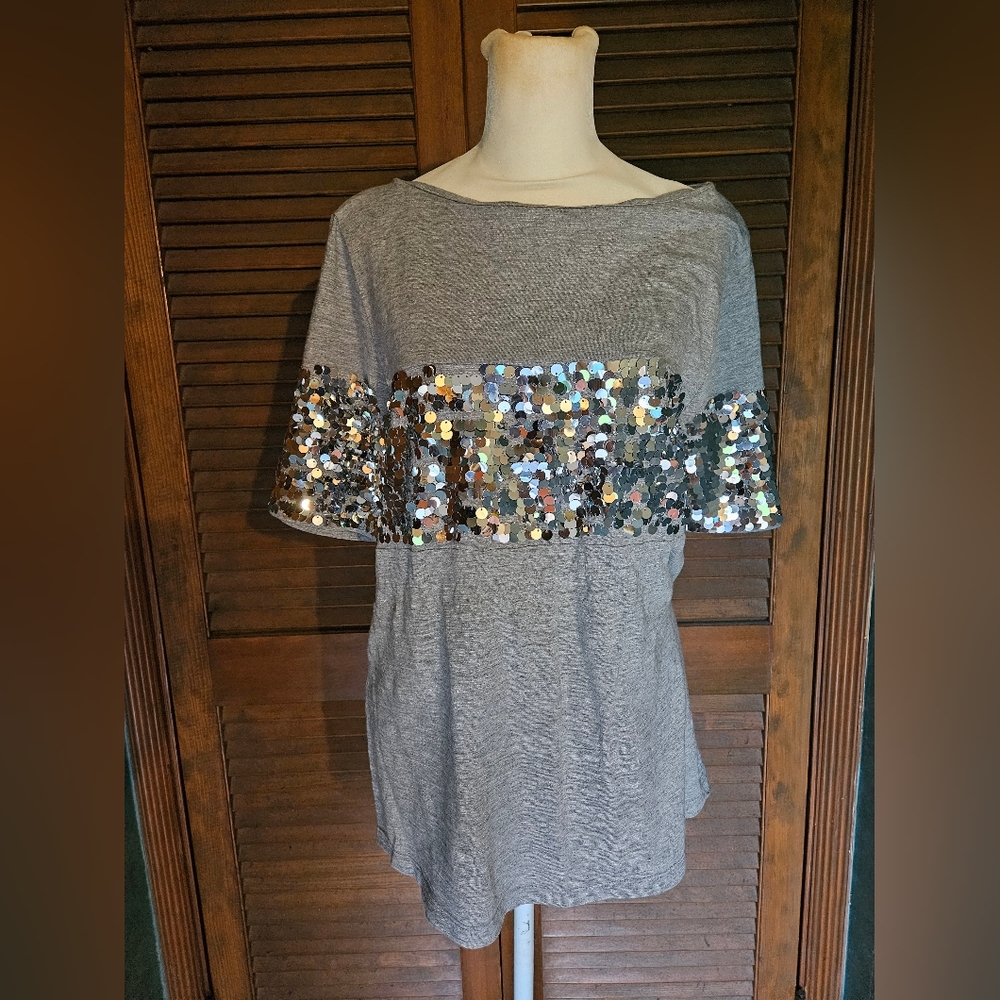 Banana Republic Grey Silk Blend Top with Sequined Stripe
